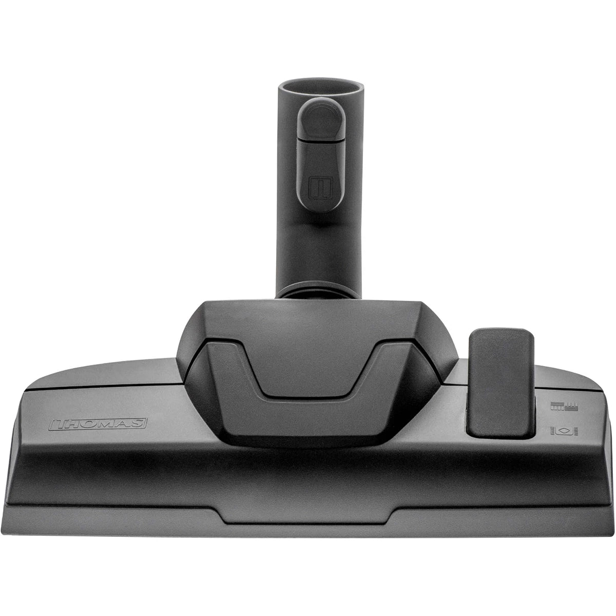 Der THOMAS Cycloon Hybrid Pet & Friends in Orange verfügt über eine rechteckige Bodendüse mit beschrifteten Tasten und einem Saugrohranschluss, der mit dem HEPA-13-Filtersystem für eine effiziente Reinigung kompatibel ist.