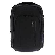 Der THULE Crossover 2 Backpack 30L Black von Thule, ein robuster Business-Rucksack mit SafeZone, verfügt über mehrere Reißverschlussfächer und ein strukturiertes Design, das sich aufrecht vor einem schlichten weißen Hintergrund abhebt.