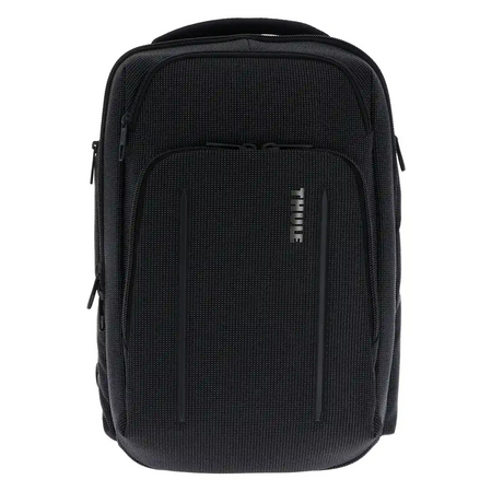 Der THULE Crossover 2 Backpack 30L Black von Thule, ein robuster Business-Rucksack mit SafeZone, verfügt über mehrere Reißverschlussfächer und ein strukturiertes Design, das sich aufrecht vor einem schlichten weißen Hintergrund abhebt.