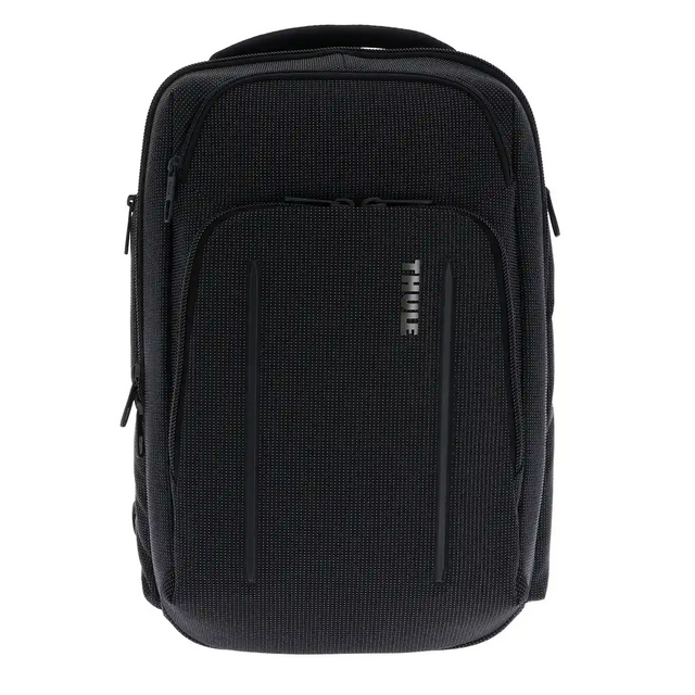 Der THULE Crossover 2 Backpack 30L Black von Thule, ein robuster Business-Rucksack mit SafeZone, verfügt über mehrere Reißverschlussfächer und ein strukturiertes Design, das sich aufrecht vor einem schlichten weißen Hintergrund abhebt.