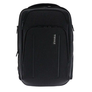 Der THULE Crossover 2 Backpack 30L Black von Thule, ein robuster Business-Rucksack mit SafeZone, verfügt über mehrere Reißverschlussfächer und ein strukturiertes Design, das sich aufrecht vor einem schlichten weißen Hintergrund abhebt.