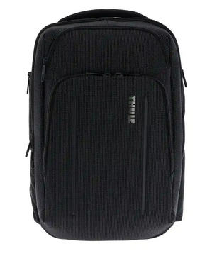 Der Thule Crossover 2 Rucksack 30L in Schwarz verfügt über mehrere Reißverschlussfächer und SafeZone-Schutz, der auf einem weißen Hintergrund dargestellt ist.