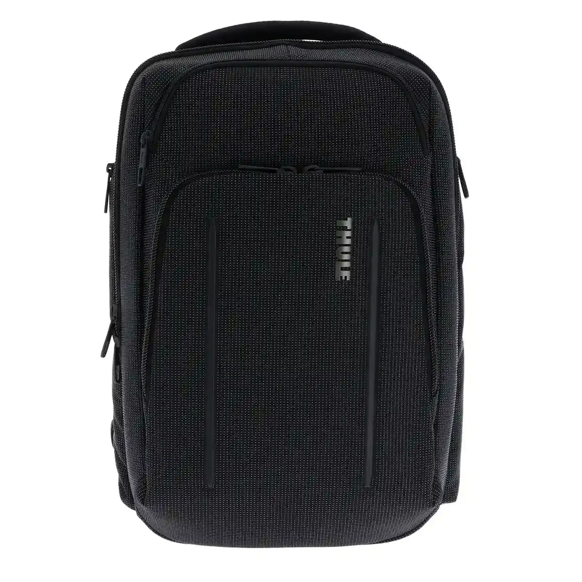 Der Thule Crossover 2 Rucksack 30L in Schwarz verfügt über mehrere Reißverschlussfächer und SafeZone-Schutz, der auf einem weißen Hintergrund dargestellt ist.
