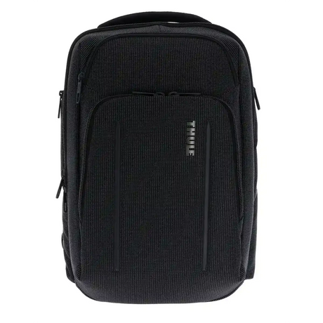 Der Thule Crossover 2 Rucksack 30L in Schwarz verfügt über mehrere Reißverschlussfächer und SafeZone-Schutz, der auf einem weißen Hintergrund dargestellt ist.