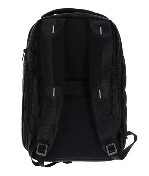 Der Thule Crossover 2 Rucksack 30L in Schwarz mit gepolsterten Schultergurten und verstellbaren Schnallen ist in der Rückenansicht vor weißem Hintergrund abgebildet.
