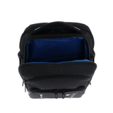 Ein Blick von oben auf den geöffneten THULE Crossover 2 Backpack 30L Black von Thule, der sein blaues Innenleben und das geräumige Hauptfach offenbart - ein idealer, robuster Business-Rucksack mit SafeZone für Profis.