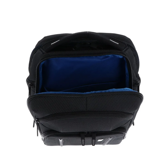 Ein Blick von oben auf den geöffneten THULE Crossover 2 Backpack 30L Black von Thule, der sein blaues Innenleben und das geräumige Hauptfach offenbart - ein idealer, robuster Business-Rucksack mit SafeZone für Profis.
