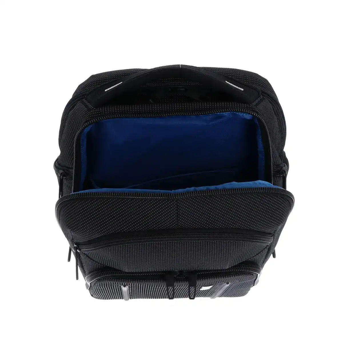 Der Thule Crossover 2 Rucksack 30L in Schwarz verfügt über einen Reißverschluss an der Oberseite, der zu einem geräumigen, blau gefütterten Innenraum und einem speziellen SafeZone-Fach für zusätzlichen Schutz führt.