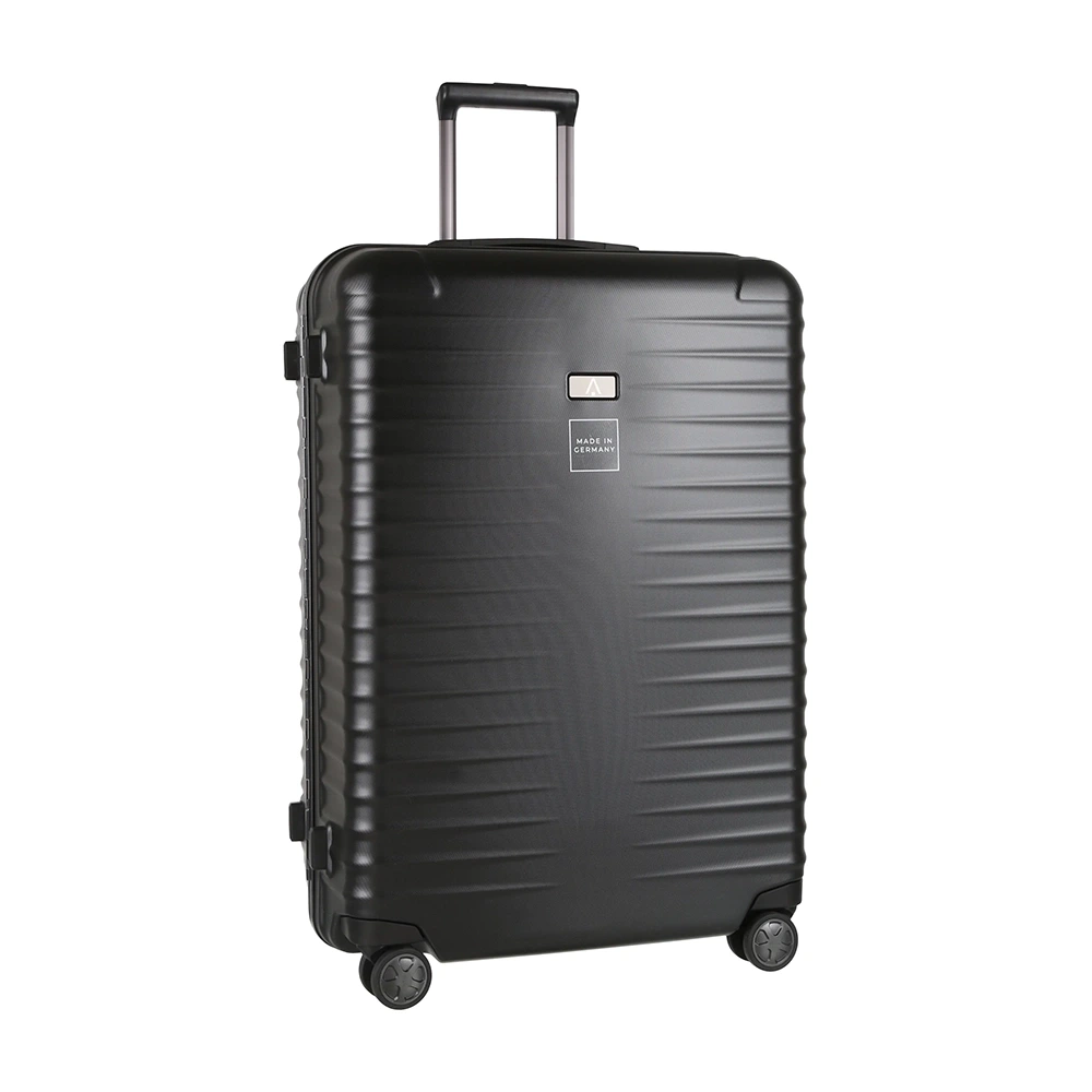 Der TITAN LITRON FRAME 4-Doppelrollen-Trolley (100L, 75cm, schwarz) von Titan verfügt über eine robuste Polycarbonat-Hartschale, vier Doppelrollen, einen ausziehbaren Teleskopgriff und ein TSA-Schloss für sicheres Reisen.