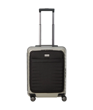 Der TITAN Litron Frame Trolley S mit Vortasche 42L in Champagner von Titan verfügt über eine schwarze Vortasche und vier Räder, hier aufrecht mit ausgezogenem Griff.