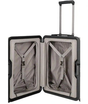 Öffnen Sie den TITAN Litron Frame Trolley S mit Vortasche 42L in champagner von Titan und entdecken Sie einen beigen Innenraum mit Kreuzgurten, einem verlängerten Teleskopgriff und einem sicheren TSA-Zahlenschloss.