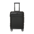 Der Travelite Next 4-Rollen-Trolley 55 cm (Schwarz, Aluminium) - Bordgepäck mit Vortasche von Travelite zeichnet sich durch eine robuste Hartschalenkonstruktion, einen Teleskopgriff und vier Spinner-Räder aus, die aufrecht auf einem weißen Hintergrund stehen.