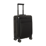 Der Travelite Next 4-Rollen-Trolley 55 cm (Schwarz, Aluminium) - Bordgepäck mit Vortasche verfügt über ein Hartschalendesign, vier Räder, einen ausziehbaren Griff, ein TSA-Schloss und eine Vordertasche mit Reißverschluss, die aufrecht auf weißem Hintergrund abgebildet ist.