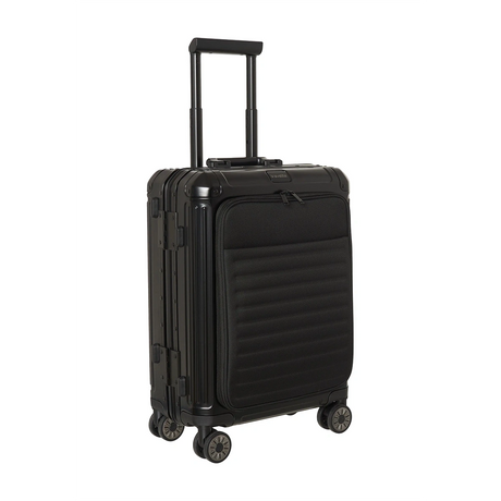 Der Travelite Next 4-Rollen-Trolley 55 cm (Schwarz, Aluminium) - Bordgepäck mit Vortasche verfügt über vier Rollen, einen ausziehbaren Teleskopgriff und ein sicheres TSA-Schloss für problemloses Reisen.