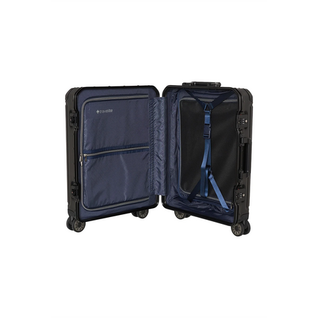 Der Travelite Next 4-Rollen-Trolley 55 cm (Schwarz, Aluminium) Bordgepäck verfügt über einen blauen Innenraum mit Reißverschlussfächern, verstellbare Kreuzgurte, vier Rollen, ein TSA-Schloss für Sicherheit und eine praktische Vordertasche - ideal für organisiertes Reisen.