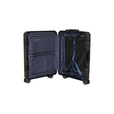 Offener schwarzer Hartschalenkoffer mit blauer Innenausstattung, Fächern, Kreuzspanngurten und TSA-Schloss - perfekt als Aluminium-Handgepäck wie der Travelite Next 4-Rollen-Trolley 55 cm (Schwarz) mit Fronttasche von Travelite.