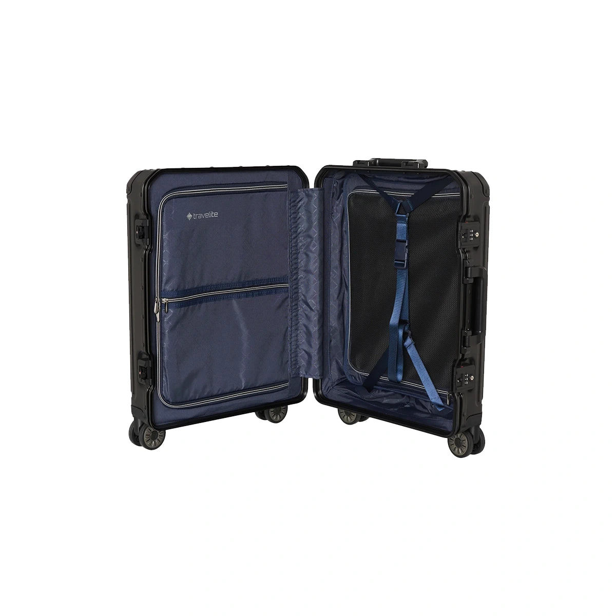 Offener schwarzer Hartschalenkoffer mit blauer Innenausstattung, Fächern, Kreuzspanngurten und TSA-Schloss - perfekt als Aluminium-Handgepäck wie der Travelite Next 4-Rollen-Trolley 55 cm (Schwarz) mit Fronttasche von Travelite.
