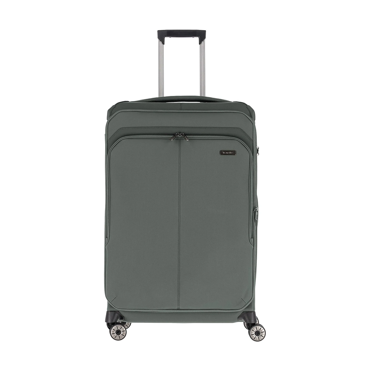 Der Travelite Priima 4-Rollen Trolley L (79 cm, Oliv) von Travelite ist ein großer, aufrecht stehender grüner Koffer mit vier Spinner-Rollen, einer Vordertasche mit Reißverschluss, einem Griff an der Oberseite und einem Teleskopgriff - perfekt für Ihre nächste Reise.