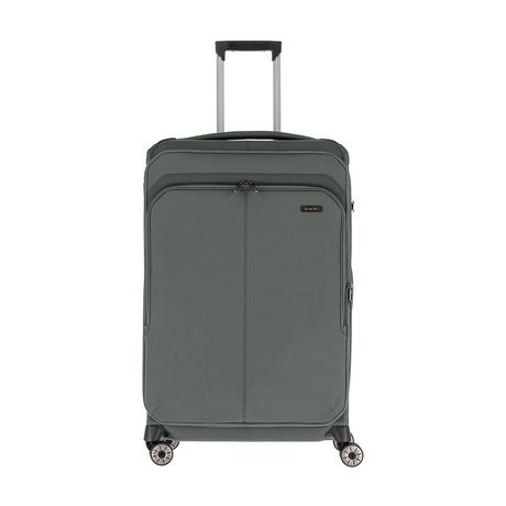 Der Travelite Priima 4-Rollen Trolley L (79 cm, Oliv) von Travelite ist ein großer, aufrecht stehender grüner Koffer mit vier Spinner-Rollen, einer Vordertasche mit Reißverschluss, einem Griff an der Oberseite und einem Teleskopgriff - perfekt für Ihre nächste Reise.