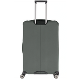 Der olivgrüne Travelite Priima 4-Rollen Trolley L (79 cm) von Travelite mit Hartschale, vier Rädern und verlängertem Teleskopgriff wird von hinten vor einem weißen Hintergrund betrachtet.