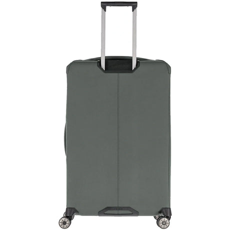 Der Travelite Priima 4-Rollen Trolley L (79 cm, Oliv) von Travelite ist von hinten abgebildet und zeigt seine grüne Farbe, die vier Räder und den verlängerten Griff vor einem weißen Hintergrund.