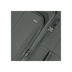 Nahaufnahme des olivgrünen Travelite Priima 4-Rollen Trolley L (79 cm) mit Reißverschluss, Schloss, kleinem Travelite-Logo aus Metall auf der Vorderseite und 4 Rollen für leichte Mobilität.