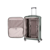 Der Travelite Priima 4-Rollen Trolley L (79 cm, Oliv) ist offen und bietet einen geräumigen, beige gefütterten Innenraum mit verstellbaren Gurten und Reißverschlussfächern im Deckel.