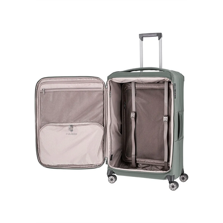 Der Travelite Priima 4-Rollen Trolley L (79 cm, Oliv) ist offen und bietet einen geräumigen, beige gefütterten Innenraum mit verstellbaren Gurten und Reißverschlussfächern im Deckel.
