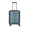 Der Travelite Air Base 4-Rad Trolley S mit Vortasche in Ice Blue ist ein Hartschalen-Handgepäckkoffer mit vier Rollen und einem Teleskopgriff, abgebildet auf weißem Hintergrund.