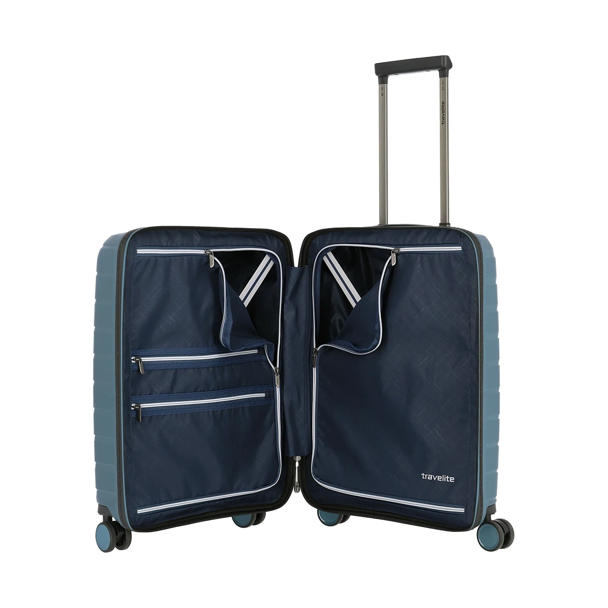 Der Travelite Air Base 4-Rad Trolley S mit Vortasche in Ice Blue von Travelite verfügt über Innenfächer mit Reißverschluss, einen verlängerten Teleskopgriff und ist ideal als Bordgepäck.