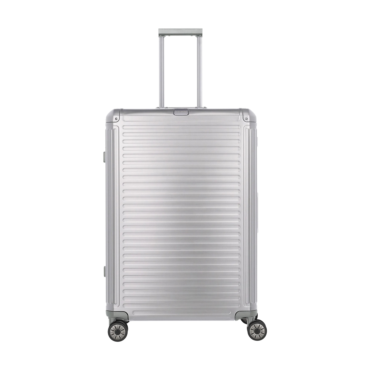 Erleben Sie erstklassiges Reisen mit dem Travelite Next Aluminium Trolley L-100L, grau/silberfarbenem Design, 4 Rädern und einem ausziehbaren Teleskopgriff für müheloses Reisen.