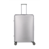 Erleben Sie erstklassiges Reisen mit dem Travelite Next Aluminium Trolley L-100L, grau/silberfarbenem Design, 4 Rädern und einem ausziehbaren Teleskopgriff für müheloses Reisen.