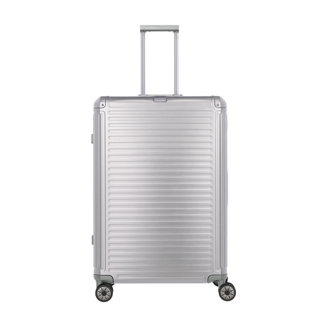 Erleben Sie erstklassiges Reisen mit dem Travelite Next Aluminium Trolley L-100L, grau/silberfarbenem Design, 4 Rädern und einem ausziehbaren Teleskopgriff für müheloses Reisen.
