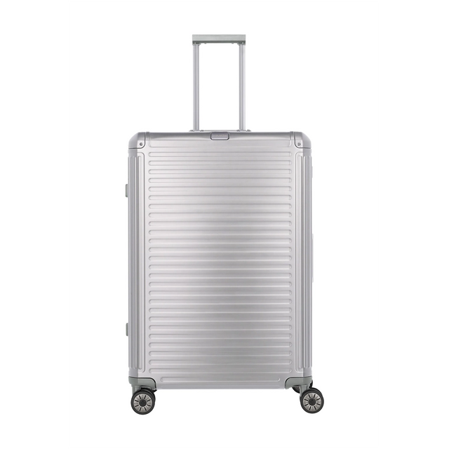 Erleben Sie erstklassiges Reisen mit dem Travelite Next Aluminium Trolley L-100L, grau/silberfarbenem Design, 4 Rädern und einem ausziehbaren Teleskopgriff für müheloses Reisen.