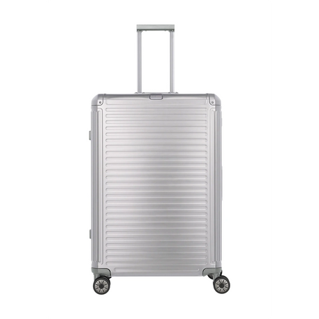 Der Travelite Next Aluminium Trolley L (4 Rollen, 100 Liter, Grau/Silber) von Travelite ist auf einem weißen Hintergrund mit vier Rollen und einem verlängerten Teleskopgriff abgebildet.