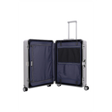 Der Travelite Next Aluminium Trolley L (4 Rollen, 100 Liter, Grau/Silber) von Travelite ist aufgeklappt dargestellt und zeigt sein marineblaues Innenleben mit mehreren Fächern, Reißverschlusstaschen, verstellbaren Gurten, vier Rollen und einem verlängerten Teleskopgriff.