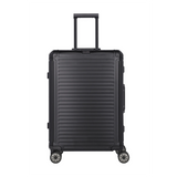 Der Travelite Next Aluminium Trolley M (4 Rollen, 69 Liter, Schwarz) von Travelite mit ausziehbarem Griff ist auf weißem Hintergrund zu sehen.