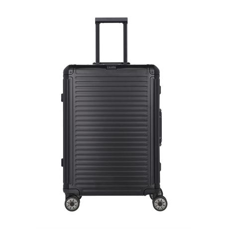 Der Travelite Next Aluminium Trolley M (4 Rollen, 69 Liter, Schwarz) von Travelite mit ausziehbarem Griff ist auf weißem Hintergrund zu sehen.