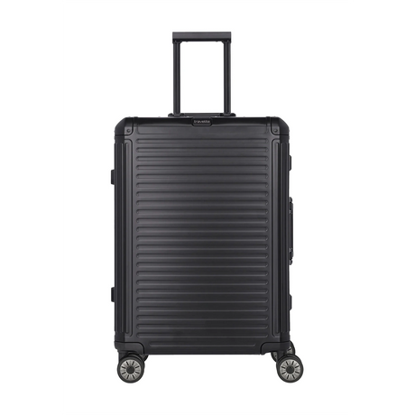 Der Travelite Next Aluminium Trolley M (69L, 4 Rollen, schwarz) von Travelite verfügt über eine Hartschale, einen Teleskopgriff und ein TSA-Zahlenschloss. Abgebildet vor einem weißen Hintergrund.
