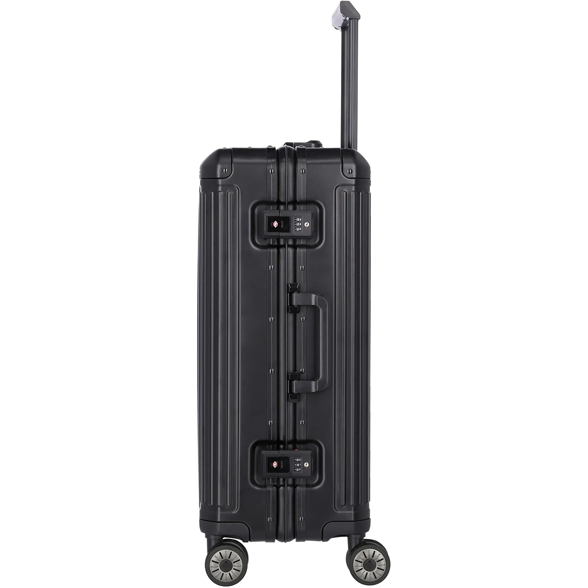 Der Travelite Next Aluminium Trolley M (69L, Schwarz) von Travelite besteht aus einem robusten Aluminium-Hartschalenkoffer mit 4 Rollen, einem ausziehbaren Teleskopgriff und einem integrierten TSA-Zahlenschloss für zusätzliche Sicherheit.