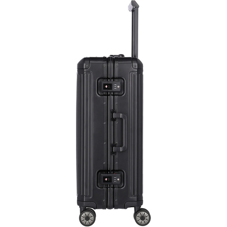 Der Travelite Next Aluminium Trolley M (69L, Schwarz) von Travelite besteht aus einem robusten Aluminium-Hartschalenkoffer mit 4 Rollen, einem ausziehbaren Teleskopgriff und einem integrierten TSA-Zahlenschloss für zusätzliche Sicherheit.