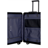 Der Travelite Next Aluminium Trolley M (4 Rollen, 69 Liter, Schwarz) verfügt über eine marineblaue Innenausstattung mit Reißverschlussfächern und einen verlängerten Teleskopgriff.