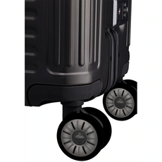 Nahaufnahme des Travelite Next Aluminium Trolley M (69L, schwarz) mit zwei der vier Spinner-Räder und einem Teil des eingebauten TSA-Zahlenschlosses.