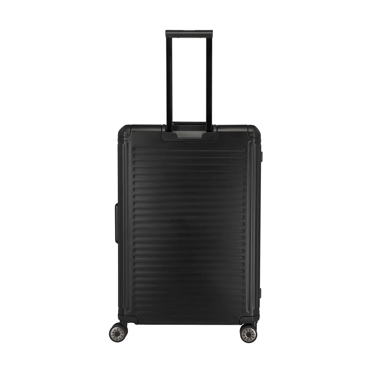 Der Travelite Next 4-Rollen-Trolley 67 cm in Schwarz (Aluminium) von Travelite verfügt über vier Rollen, einen verlängerten Griff und ein TSA-Zahlenschloss, abgebildet auf einem schlichten weißen Hintergrund.