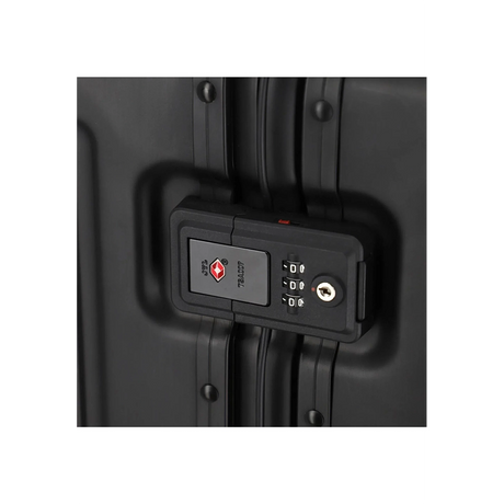 Nahaufnahme des Travelite Next 4-Rollen-Trolley 67 cm in Schwarz, Aluminium, mit eingebautem TSA Zahlenschloss und Schlüsselloch.