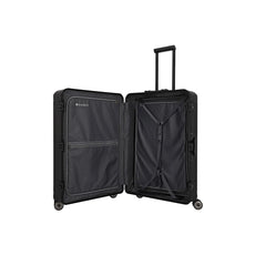 Der Travelite Next 4-Rollen-Trolley 67 cm (Schwarz, Aluminium) von Travelite lässt sich öffnen und gibt den Blick auf Innenfächer, Netztaschen und verstellbare Gurte frei; seine 4 Rollen sorgen für leichte Manövrierbarkeit und praktischen Stil.