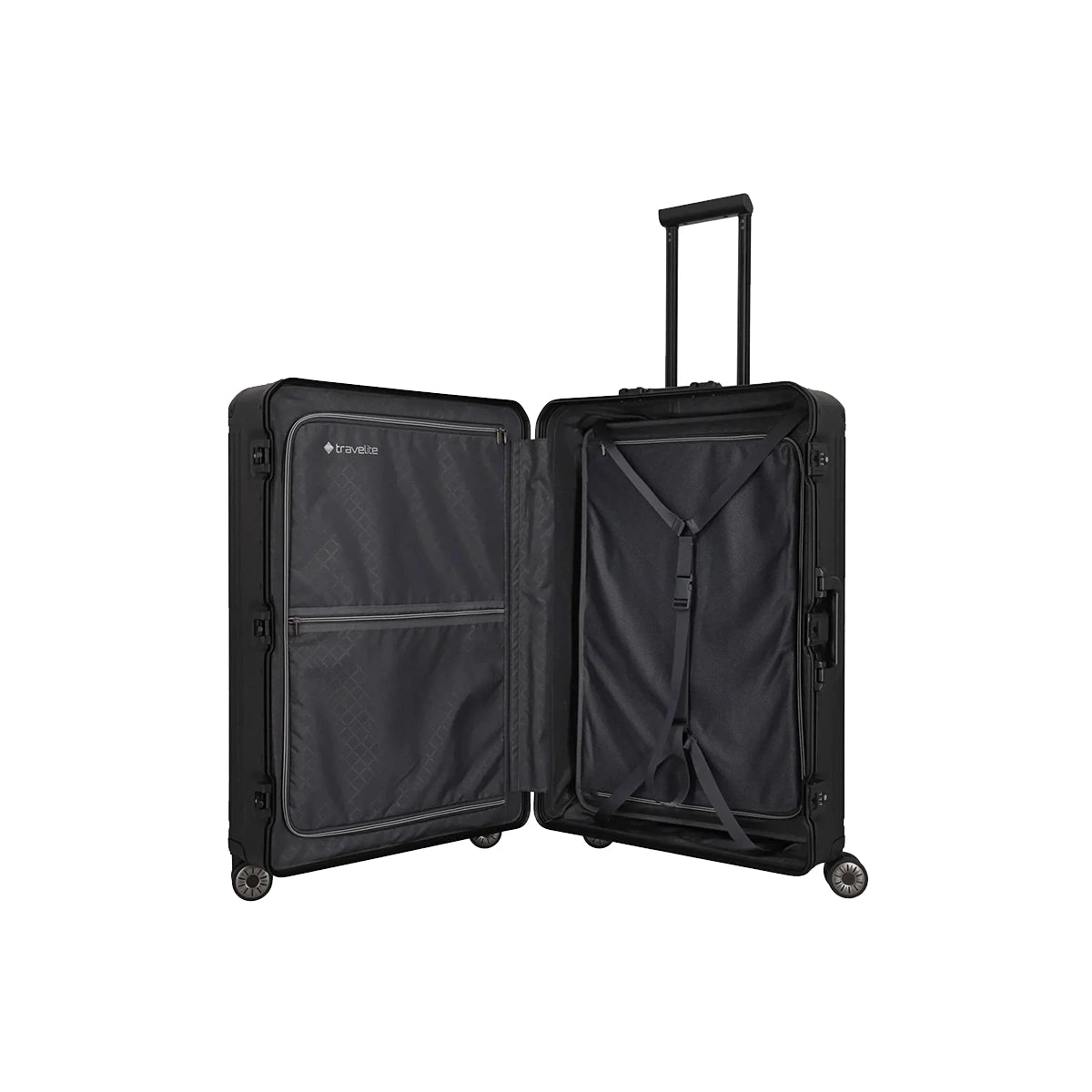 Der Travelite Next 4-Rollen-Trolley 67 cm (Schwarz, Aluminium) von Travelite lässt sich öffnen und gibt den Blick auf Innenfächer, Netztaschen und verstellbare Gurte frei; seine 4 Rollen sorgen für leichte Manövrierbarkeit und praktischen Stil.