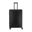 Der Travelite Next 2.0 4-Rollen-Trolley L (77 cm, Schwarz) von Travelite ist ein großer, schwarzer Hartschalenkoffer mit vier Rollen und einem Teleskopgriff, abgebildet auf einem weißen Hintergrund.