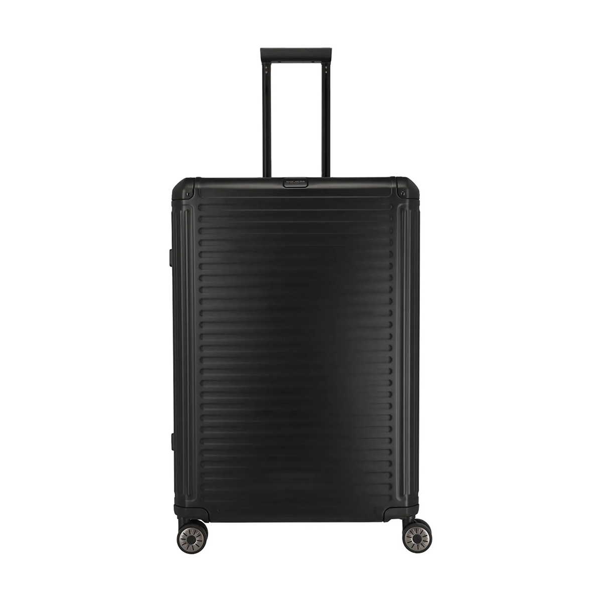 Der Travelite Next 2.0 4-Rollen-Trolley L (77 cm, Schwarz) von Travelite ist ein großer, schwarzer Hartschalenkoffer mit vier Rollen und einem Teleskopgriff, abgebildet auf einem weißen Hintergrund.