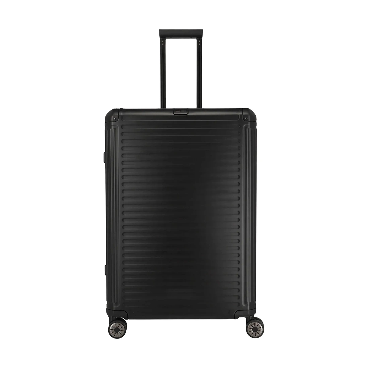 Der Travelite Next 2.0 4-Rollen-Trolley L (77 cm, Schwarz) von Travelite verfügt über eine Aluminium-Hartschale, vier Rollen, einen Teleskopgriff und ein TSA-Zahlenschloss, abgebildet auf weißem Hintergrund.